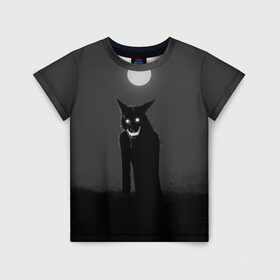 Детская футболка 3D с принтом ОБОРОТЕНЬ в Екатеринбурге, 100% гипоаллергенный полиэфир | прямой крой, круглый вырез горловины, длина до линии бедер, чуть спущенное плечо, ткань немного тянется | волк | луна | необычно | оборотень | оскал | полнолуние | прикольно | страшно | хэллоуин