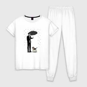 Женская пижама хлопок с принтом Под дождем в Екатеринбурге, 100% хлопок | брюки и футболка прямого кроя, без карманов, на брюках мягкая резинка на поясе и по низу штанин | beagle | бигль | джон уикместь | дождь | забота | защита животных | зонт | киану ривз | охрана | собака