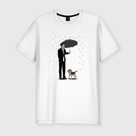 Мужская футболка хлопок Slim с принтом Под дождем в Екатеринбурге, 92% хлопок, 8% лайкра | приталенный силуэт, круглый вырез ворота, длина до линии бедра, короткий рукав | beagle | бигль | джон уикместь | дождь | забота | защита животных | зонт | киану ривз | охрана | собака