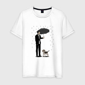 Мужская футболка хлопок с принтом Под дождем в Екатеринбурге, 100% хлопок | прямой крой, круглый вырез горловины, длина до линии бедер, слегка спущенное плечо. | beagle | бигль | джон уикместь | дождь | забота | защита животных | зонт | киану ривз | охрана | собака