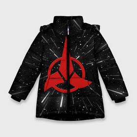 Зимняя куртка для девочек 3D с принтом Klingons Logo (Z) в Екатеринбурге, ткань верха — 100% полиэстер; подклад — 100% полиэстер, утеплитель — 100% полиэстер. | длина ниже бедра, удлиненная спинка, воротник стойка и отстегивающийся капюшон. Есть боковые карманы с листочкой на кнопках, утяжки по низу изделия и внутренний карман на молнии. 

Предусмотрены светоотражающий принт на спинке, радужный светоотражающий элемент на пуллере молнии и на резинке для утяжки. | klingon | klingons | klinzhai | star trek | startrek | азетбур | варак | гаурон | горкон | звездный путь | инопланетная цивилизация | кейлесс незабываемый | клингон | клинжай | кронос | марток | молор | рекло | сомпек