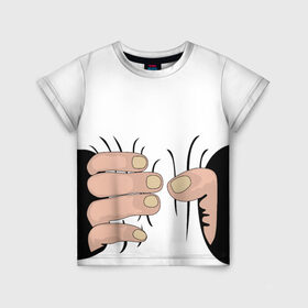 Детская футболка 3D с принтом Hand в Екатеринбурге, 100% гипоаллергенный полиэфир | прямой крой, круглый вырез горловины, длина до линии бедер, чуть спущенное плечо, ткань немного тянется | Тематика изображения на принте: hand | иллюстрация | обхват | прикол | руки | сжал | сжатие | юмор