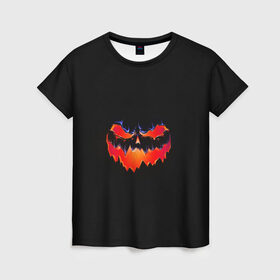 Женская футболка 3D с принтом HALLOWEEN в Екатеринбурге, 100% полиэфир ( синтетическое хлопкоподобное полотно) | прямой крой, круглый вырез горловины, длина до линии бедер | злая тыква | подарок на хэллоуин | тыква светящаяся | хэллоуин