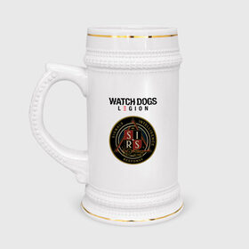 Кружка пивная с принтом S.I.R.S Watch Dogs Legion в Екатеринбурге,  керамика (Материал выдерживает высокую температуру, стоит избегать резкого перепада температур) |  объем 630 мл | action | action adventure | game watch dogs | legion | sirs | watch dogs | watch dogs legion | ватч догз легион | ватч догс | знак sirs | игра watch dogs | клан | кланы | легион | лого | логотип | логотип watch dogs | лондон | надпись | спе