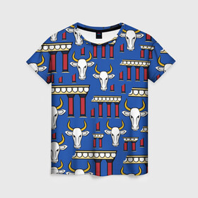 Женская футболка 3D с принтом БЕЛЫЙ БЫК. СИМВОЛ 2021 ГОДА в Екатеринбурге, 100% полиэфир ( синтетическое хлопкоподобное полотно) | прямой крой, круглый вырез горловины, длина до линии бедер | белый бык | бык | год быка | греция | символ 2021 | ярко синий