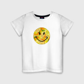 Детская футболка хлопок с принтом Смайлик с цитрусами в Екатеринбурге, 100% хлопок | круглый вырез горловины, полуприлегающий силуэт, длина до линии бедер | апельсин | апельсинки | весёлый | детский | жара | желтый | женский | зелёный | лаймы | летний | лето | лимон | лимоны | оранжевый | отдых | пляж | подростковый | прикол | прикольный | радость | ребёнок