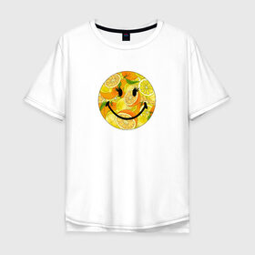 Мужская футболка хлопок Oversize с принтом Смайлик с цитрусами в Екатеринбурге, 100% хлопок | свободный крой, круглый ворот, “спинка” длиннее передней части | Тематика изображения на принте: апельсин | апельсинки | весёлый | детский | жара | желтый | женский | зелёный | лаймы | летний | лето | лимон | лимоны | оранжевый | отдых | пляж | подростковый | прикол | прикольный | радость | ребёнок