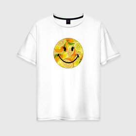Женская футболка хлопок Oversize с принтом Смайлик с цитрусами в Екатеринбурге, 100% хлопок | свободный крой, круглый ворот, спущенный рукав, длина до линии бедер
 | апельсин | апельсинки | весёлый | детский | жара | желтый | женский | зелёный | лаймы | летний | лето | лимон | лимоны | оранжевый | отдых | пляж | подростковый | прикол | прикольный | радость | ребёнок