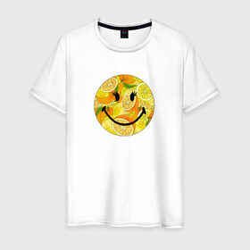 Мужская футболка хлопок с принтом Смайлик с цитрусами в Екатеринбурге, 100% хлопок | прямой крой, круглый вырез горловины, длина до линии бедер, слегка спущенное плечо. | Тематика изображения на принте: апельсин | апельсинки | весёлый | детский | жара | желтый | женский | зелёный | лаймы | летний | лето | лимон | лимоны | оранжевый | отдых | пляж | подростковый | прикол | прикольный | радость | ребёнок