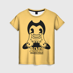 Женская футболка 3D с принтом Bendy And The Ink Machine в Екатеринбурге, 100% полиэфир ( синтетическое хлопкоподобное полотно) | прямой крой, круглый вырез горловины, длина до линии бедер | bendy | bendy and the ink machine | бенди | бени | бенни | бэнди | детская | детям | игра | капли | компьютерная игра | краска | машина | подтеки | ужастик | чернила | чернильная