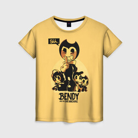 Женская футболка 3D с принтом Bendy And The Ink Machine в Екатеринбурге, 100% полиэфир ( синтетическое хлопкоподобное полотно) | прямой крой, круглый вырез горловины, длина до линии бедер | bendy | bendy and the ink machine | бенди | бени | бенни | бэнди | детская | детям | игра | капли | компьютерная игра | краска | машина | подтеки | ужастик | чернила | чернильная