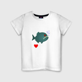 Детская футболка хлопок с принтом Добрая пиранья в Екатеринбурге, 100% хлопок | круглый вырез горловины, полуприлегающий силуэт, длина до линии бедер | piranha | акула | амазонка | вода | зубастик | клыки | кровь | монстр | пиранья | природа | река | рыба | стая | хищник | циник | циничный | юмор