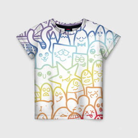 Детская футболка 3D с принтом Радужные дудлы в Екатеринбурге, 100% гипоаллергенный полиэфир | прямой крой, круглый вырез горловины, длина до линии бедер, чуть спущенное плечо, ткань немного тянется | doodle | горы | динозавр | дудл | жираф | заяц | звезда | карандаш | лапки | медведь | облако | птица | радуга | сердце | телевизор | улыбка | утёнок