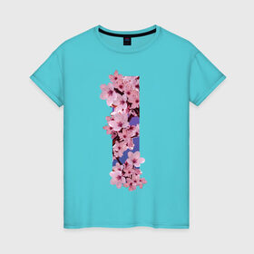 Женская футболка хлопок с принтом Ветви сакуры в Екатеринбурге, 100% хлопок | прямой крой, круглый вырез горловины, длина до линии бедер, слегка спущенное плечо | ветви | градиент | лепестки | полоса | розовый | сакура | темно синий | фиолетовый