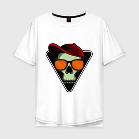Мужская футболка хлопок Oversize с принтом Череп в кепке и очках в Екатеринбурге, 100% хлопок | свободный крой, круглый ворот, “спинка” длиннее передней части | кепка | очки | треугольник | череп