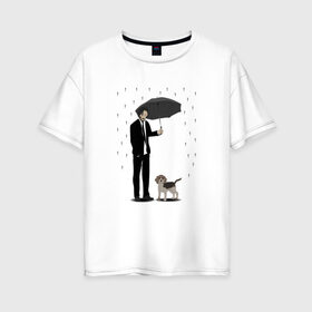 Женская футболка хлопок Oversize с принтом John Wick в Екатеринбурге, 100% хлопок | свободный крой, круглый ворот, спущенный рукав, длина до линии бедер
 | beagle | john | john wick | wick | баба яга | бигль | джон уик | дождь | забота | защита животных | зонт | киану ривз | месть | охрана | собака