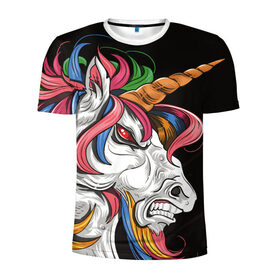 Мужская футболка 3D спортивная с принтом Evil unicorn в Екатеринбурге, 100% полиэстер с улучшенными характеристиками | приталенный силуэт, круглая горловина, широкие плечи, сужается к линии бедра | black | blue | evil | evil unicorn | green yellow | horn | horse | multicolored | pink | red | white | белый | зеленый желтый | зло | злой единорог | конь | красный | лошадь | разноцветный | рог | розовый | синий | черный