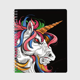 Тетрадь с принтом Evil unicorn в Екатеринбурге, 100% бумага | 48 листов, плотность листов — 60 г/м2, плотность картонной обложки — 250 г/м2. Листы скреплены сбоку удобной пружинной спиралью. Уголки страниц и обложки скругленные. Цвет линий — светло-серый
 | black | blue | evil | evil unicorn | green yellow | horn | horse | multicolored | pink | red | white | белый | зеленый желтый | зло | злой единорог | конь | красный | лошадь | разноцветный | рог | розовый | синий | черный