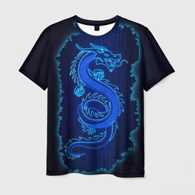 Мужская футболка 3D с принтом NEON DRAGON в Екатеринбурге, 100% полиэфир | прямой крой, круглый вырез горловины, длина до линии бедер | Тематика изображения на принте: дракон | китайский дракон | неон | неоновый дракон