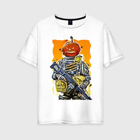 Женская футболка хлопок Oversize с принтом Хэллоуин Калибр в Екатеринбурге, 100% хлопок | свободный крой, круглый ворот, спущенный рукав, длина до линии бедер
 | калибр | солдат | тыква | хэллоуин