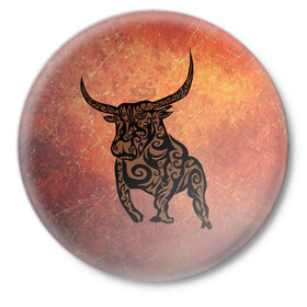 Значок с принтом Символ года 2021 Бык в Екатеринбурге,  металл | круглая форма, металлическая застежка в виде булавки | Тематика изображения на принте: 2021 | бык | животное | животные | новый год | орнамент | сила | символ года | узор | ярость