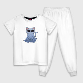 Детская пижама хлопок с принтом Blue Cat в Екатеринбурге, 100% хлопок |  брюки и футболка прямого кроя, без карманов, на брюках мягкая резинка на поясе и по низу штанин
 | домашний | животные | звери | киса | киска | кот | котенок | котэ | котя | кошка | крутой | лапочка | милый | мимими | модный | очки | синий | хороший