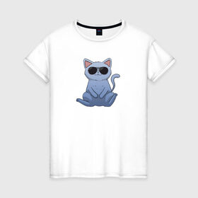 Женская футболка хлопок с принтом Blue Cat в Екатеринбурге, 100% хлопок | прямой крой, круглый вырез горловины, длина до линии бедер, слегка спущенное плечо | домашний | животные | звери | киса | киска | кот | котенок | котэ | котя | кошка | крутой | лапочка | милый | мимими | модный | очки | синий | хороший