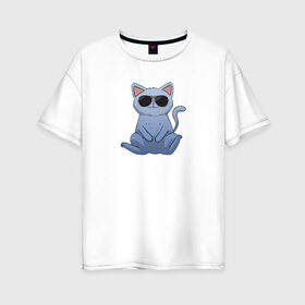 Женская футболка хлопок Oversize с принтом Blue Cat в Екатеринбурге, 100% хлопок | свободный крой, круглый ворот, спущенный рукав, длина до линии бедер
 | домашний | животные | звери | киса | киска | кот | котенок | котэ | котя | кошка | крутой | лапочка | милый | мимими | модный | очки | синий | хороший