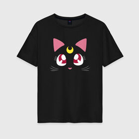 Женская футболка хлопок Oversize с принтом Luna Cat. Sailor Moon в Екатеринбурге, 100% хлопок | свободный крой, круглый ворот, спущенный рукав, длина до линии бедер
 | anime | cute | аниме | взгляд | волшебство | глаза | киса | киска | кот | котенок | котэ | котя | кошка | лапочка | луна | магия | месяц | милый | мимими | мордочка | сейлор мун | хороший | япония