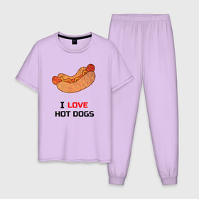 Мужская пижама хлопок с принтом Love HOT DOGS в Екатеринбурге, 100% хлопок | брюки и футболка прямого кроя, без карманов, на брюках мягкая резинка на поясе и по низу штанин
 | Тематика изображения на принте: еда | люблю | питание | сосиска | хот дог