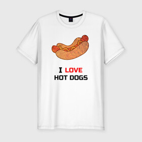 Мужская футболка хлопок Slim с принтом Love HOT DOGS в Екатеринбурге, 92% хлопок, 8% лайкра | приталенный силуэт, круглый вырез ворота, длина до линии бедра, короткий рукав | Тематика изображения на принте: еда | люблю | питание | сосиска | хот дог