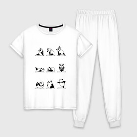 Женская пижама хлопок с принтом Панда занимается йогой в Екатеринбурге, 100% хлопок | брюки и футболка прямого кроя, без карманов, на брюках мягкая резинка на поясе и по низу штанин | Тематика изображения на принте: ега | йога | йога и фитнес | карамель | кунг фу | кунг фу панда | панда | пандора | панды | по | с пандами | с пандой | фитнес