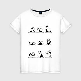 Женская футболка хлопок с принтом Панда занимается йогой в Екатеринбурге, 100% хлопок | прямой крой, круглый вырез горловины, длина до линии бедер, слегка спущенное плечо | ега | йога | йога и фитнес | карамель | кунг фу | кунг фу панда | панда | пандора | панды | по | с пандами | с пандой | фитнес