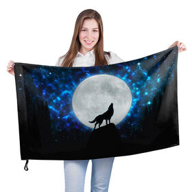 Флаг 3D с принтом Волк воющий на луну в Екатеринбурге, 100% полиэстер | плотность ткани — 95 г/м2, размер — 67 х 109 см. Принт наносится с одной стороны | wolf | волк | волки | волчица | животные | одинокий волк