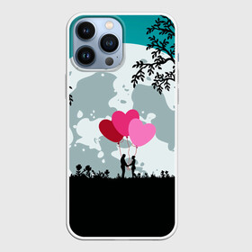 Чехол для iPhone 13 Pro Max с принтом Влюбленная Пара в Екатеринбурге,  |  | heart | leaves | love | love you | minimal | moon | night | влюбленная пара | влюбленные | воздушные шары | деревья | листья | луна | любовь | минимализм | ночь | отношения | полнолуние | природа | сердечки | сердца | сердце