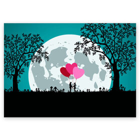 Поздравительная открытка с принтом Влюбленная Пара в Екатеринбурге, 100% бумага | плотность бумаги 280 г/м2, матовая, на обратной стороне линовка и место для марки
 | heart | leaves | love | love you | minimal | moon | night | влюбленная пара | влюбленные | воздушные шары | деревья | листья | луна | любовь | минимализм | ночь | отношения | полнолуние | природа | сердечки | сердца | сердце