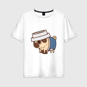 Женская футболка хлопок Oversize с принтом Кофейный мопс в Екатеринбурге, 100% хлопок | свободный крой, круглый ворот, спущенный рукав, длина до линии бедер
 | арт | кофе | мопс | рисунок | сладкий | сладость | собака в костюме | собака в костюмчике | шоколад
