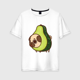 Женская футболка хлопок Oversize с принтом Мопс-авокадо в Екатеринбурге, 100% хлопок | свободный крой, круглый ворот, спущенный рукав, длина до линии бедер
 | авокадо | арт | мопс | рисунок | сладкий | сладость | собака в костюме | собака в костюмчике | фрукт | фрукты