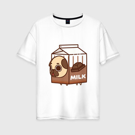 Женская футболка хлопок Oversize с принтом Шоколадное молоко-мопс в Екатеринбурге, 100% хлопок | свободный крой, круглый ворот, спущенный рукав, длина до линии бедер
 | арт | молоко | мопс | рисунок | сладкий | сладость | собака в костюме | собака в костюмчике | шоколад
