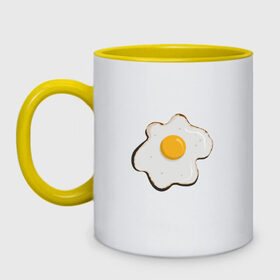 Кружка двухцветная с принтом Яичница, завтрак в Екатеринбурге, керамика | объем — 330 мл, диаметр — 80 мм. Цветная ручка и кайма сверху, в некоторых цветах — вся внутренняя часть | арт | белок. | еда | желток | завтрак | люблю еду | минимализм | яичница | яйцо