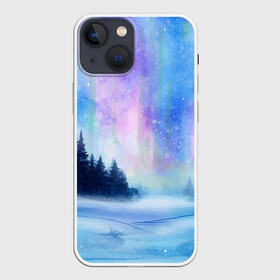 Чехол для iPhone 13 mini с принтом Зимняя соната в Екатеринбурге,  |  | watercolor | акварель | зима | лес | сияние | снег