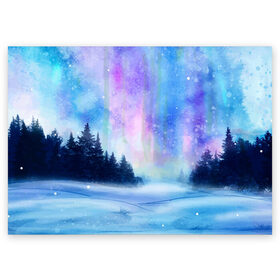 Поздравительная открытка с принтом Зимняя соната в Екатеринбурге, 100% бумага | плотность бумаги 280 г/м2, матовая, на обратной стороне линовка и место для марки
 | watercolor | акварель | зима | лес | сияние | снег