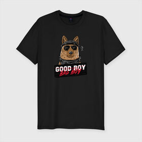 Мужская футболка хлопок Slim с принтом Bad Boy в Екатеринбурге, 92% хлопок, 8% лайкра | приталенный силуэт, круглый вырез ворота, длина до линии бедра, короткий рукав | animal | dog | good | домашний | животные | звери | крутой | мальчик | милый | надпись | очки | пес | питомец | собака | собакен | табличка | хороший | щенок