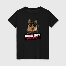 Женская футболка хлопок с принтом Bad Boy в Екатеринбурге, 100% хлопок | прямой крой, круглый вырез горловины, длина до линии бедер, слегка спущенное плечо | animal | dog | good | домашний | животные | звери | крутой | мальчик | милый | надпись | очки | пес | питомец | собака | собакен | табличка | хороший | щенок