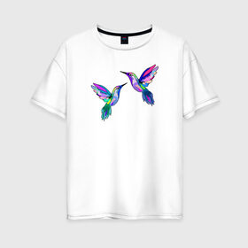 Женская футболка хлопок Oversize с принтом Колибри в Екатеринбурге, 100% хлопок | свободный крой, круглый ворот, спущенный рукав, длина до линии бедер
 | Тематика изображения на принте: angel | bird | butterfly | parrot | summer | tropical | wings | ангел | бабочки | джунгли | животные | красочные | крылья | летний | лето | перья | попугай | природа | птица | птичка | радужные | райский | стриж | тропики