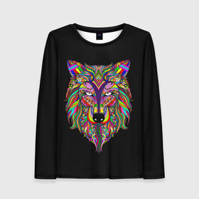 Женский лонгслив 3D с принтом Разноцветный Волк в Екатеринбурге, 100% полиэстер | длинные рукава, круглый вырез горловины, полуприлегающий силуэт | animal | art | black t shirt | dog | multi colored | patterns | predator | print | wolf | арт | волк | волчица | животное | зверь | пес | принт | разноцветная | собака | узоры | хищник | черная футболка
