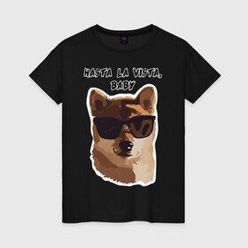 Женская футболка хлопок с принтом Собакен Арни в Екатеринбурге, 100% хлопок | прямой крой, круглый вырез горловины, длина до линии бедер, слегка спущенное плечо | dog | dogs | арнольдшварценеггер | домашнийпитомец | друг | лучшийдру | лучшийдругчеловека | очки | собака | собаки | собачка | терминатор