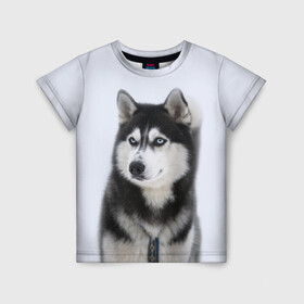 Детская футболка 3D с принтом ХАСКИ в Екатеринбурге, 100% гипоаллергенный полиэфир | прямой крой, круглый вырез горловины, длина до линии бедер, чуть спущенное плечо, ткань немного тянется | Тематика изображения на принте: dog | husky | милый | пес | песик | собака | собачка | хаски | щенок