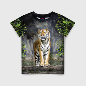 Детская футболка 3D с принтом ТИГР В ЛЕСУ в Екатеринбурге, 100% гипоаллергенный полиэфир | прямой крой, круглый вырез горловины, длина до линии бедер, чуть спущенное плечо, ткань немного тянется | tiger | амурский | бенгальский | в зоопарке | в лесу | дикий | кошка | крупная | полосатый | тигр | тигренок | тигрица