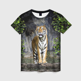 Женская футболка 3D с принтом ТИГР В ЛЕСУ в Екатеринбурге, 100% полиэфир ( синтетическое хлопкоподобное полотно) | прямой крой, круглый вырез горловины, длина до линии бедер | Тематика изображения на принте: tiger | амурский | бенгальский | в зоопарке | в лесу | дикий | кошка | крупная | полосатый | тигр | тигренок | тигрица
